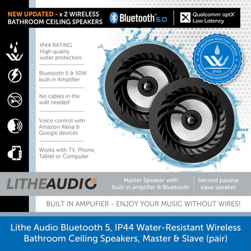 Lithe Audio Bluetooth, Bathroom Wireless Ceiling Speakers - IP44 Water-Resistant (pair)