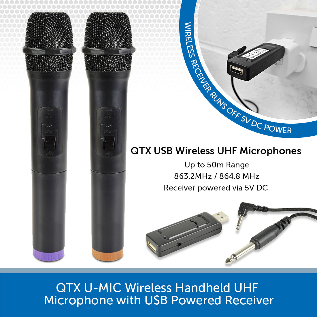 QTX U MIC Wireless USB Powered Handheld UHF Microphone Audio