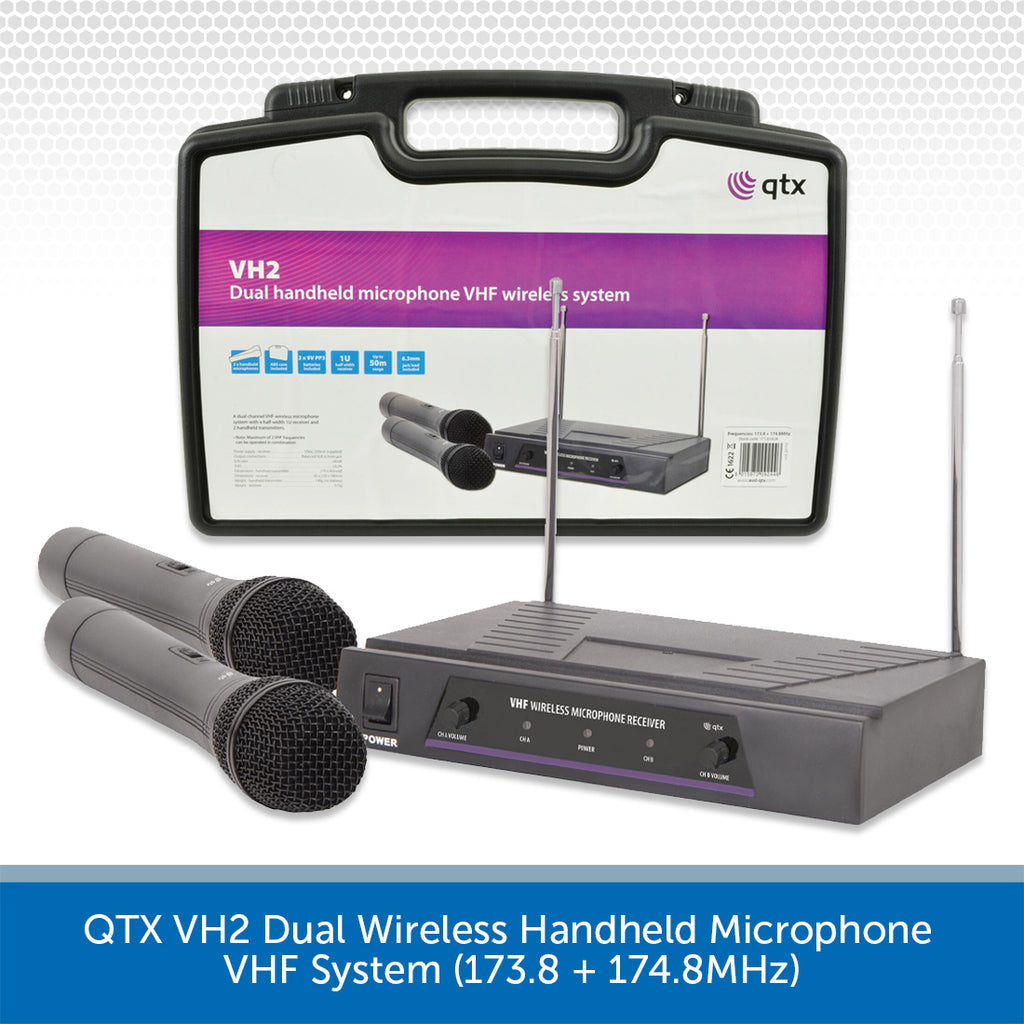 QTX VH2 Dual Wireless Handheld Microphone VHF System Audio Volt