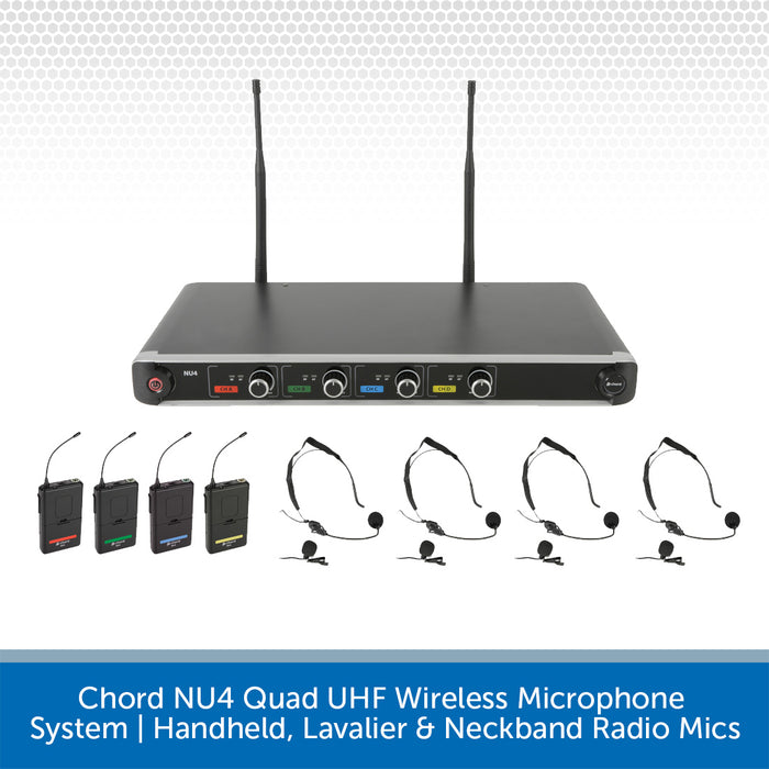 Chord NU4 Quad UHF Wireless Microphone System | Handheld, Lavalier & Neckband Radio Mics