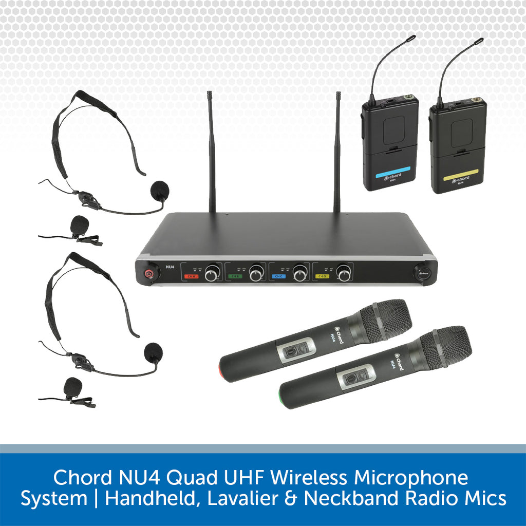 Chord NU4 Quad UHF Wireless Microphone System Handheld Lavalier Neckband Radio Mics