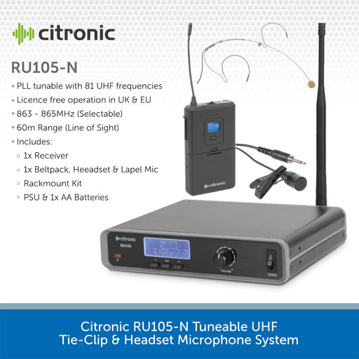 Citronic RU105-N Tuneable UHF Tie-Clip & Headset Microphone System