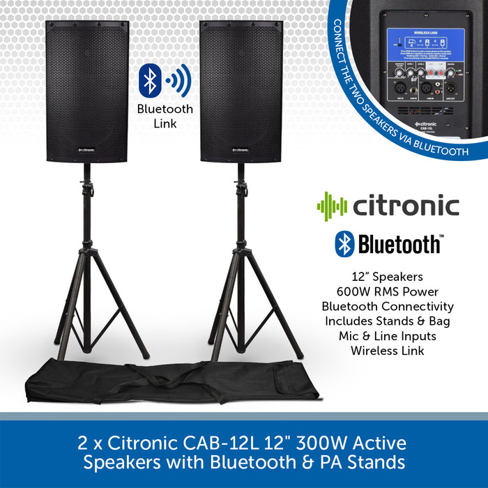 2 x Citronic CAB-12L 12" 300W Active Bluetooth PA Speakers with Stands