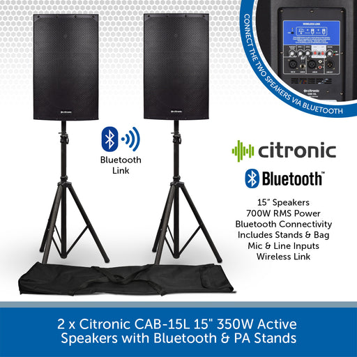 2 x Citronic CAB-15L 15" 350W Active Bluetooth PA Speakers with Stands