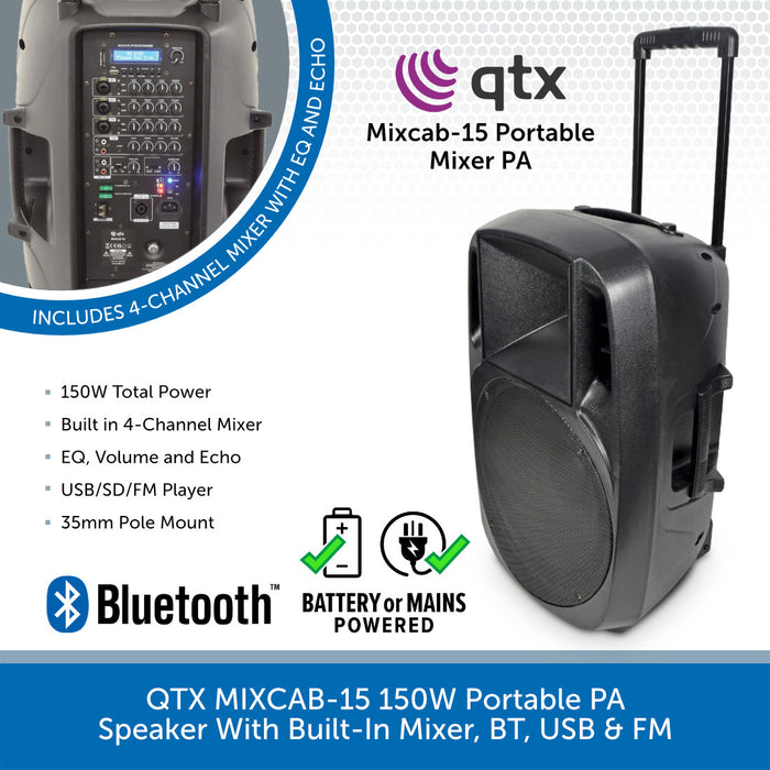 QTX MIXCAB-15 150W Portable PA Speaker With Built-In Mixer, BT, USB & FM