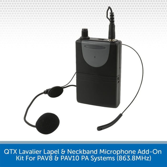 QTX Lavalier Lapel & Neckband Microphone Add-On Kit For PAV8 & PAV10 PA Systems (863.8MHz)