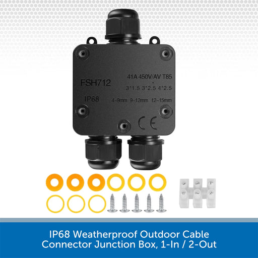 IP68 Weatherproof Outdoor Cable Connector Junction Box, 1-In / 2-Out