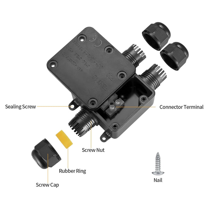 IP68 Weatherproof Outdoor Cable Connector Junction Box, 1-In / 2-Out