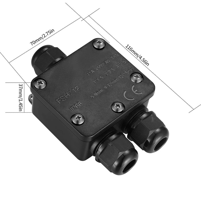 IP68 Weatherproof Outdoor Cable Connector Junction Box, 1-In / 2-Out