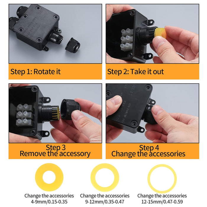 IP68 Weatherproof Outdoor Cable Connector Junction Box, 1-In / 2-Out