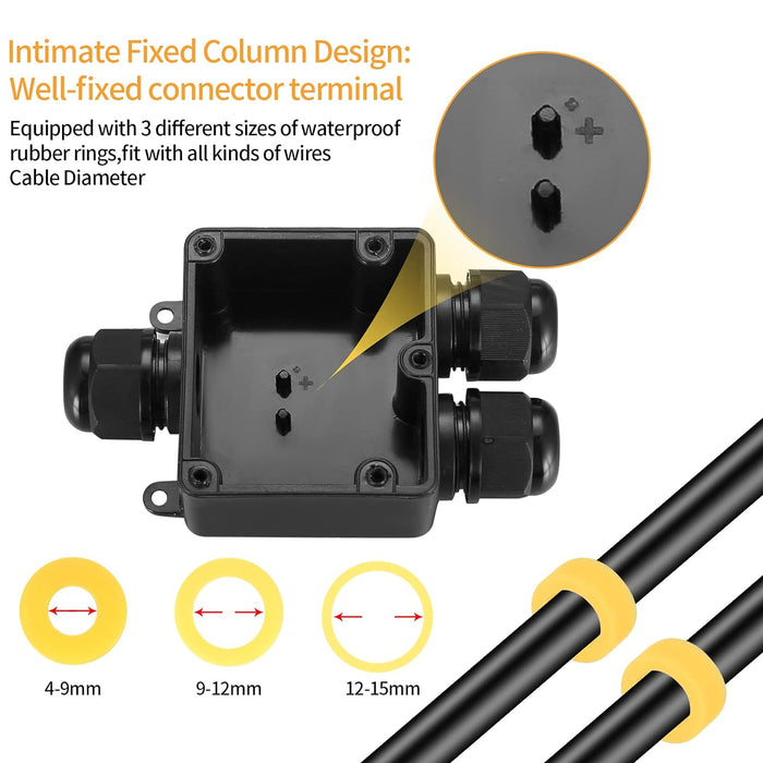 IP68 Weatherproof Outdoor Cable Connector Junction Box, 1-In / 2-Out