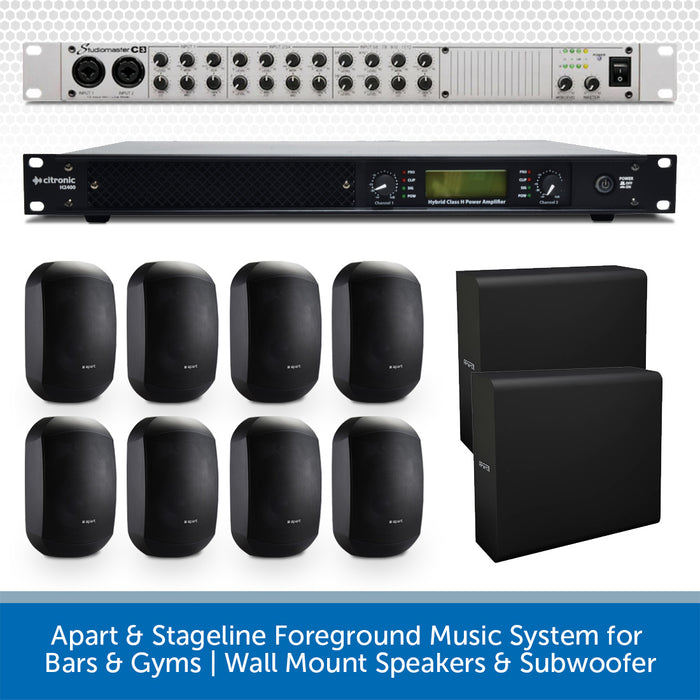 Apart & Stageline Foreground Music System for Bars & Gyms | Wall Mount Speakers & Subwoofer