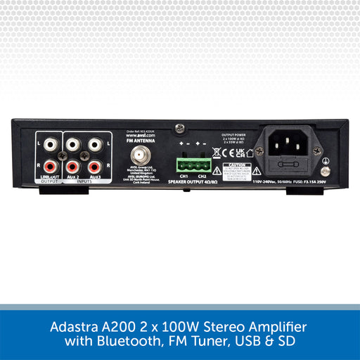 Adastra A200 2x100W Stereo Amplifier with Bluetooth, FM Tuner, USB & SD