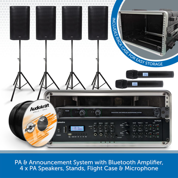 PA & Announcement System with Bluetooth Amplifier, 4 x PA Speakers, Stands, Flight Case & Microphone