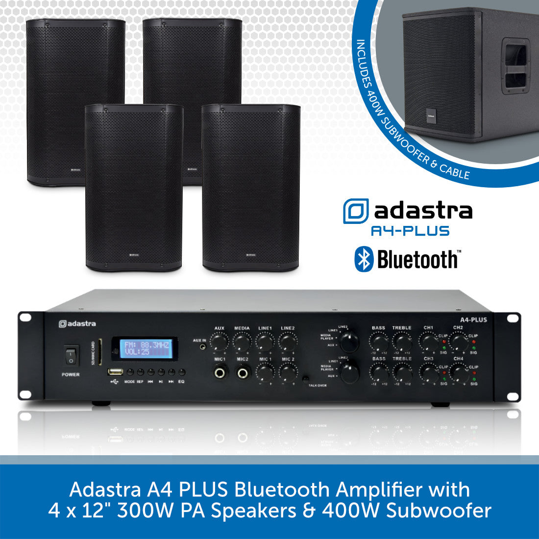 Adastra A4 PLUS Bluetooth Amp, 4x 300W PA Speakers & Sub | Audio Volt