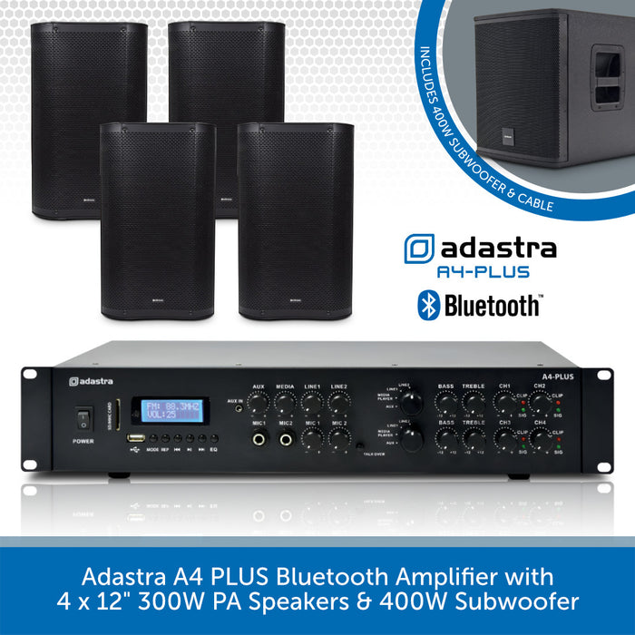 Adastra A4 PLUS Bluetooth Amplifier with 4 x 12" 300W PA Speakers & 400W Subwoofer