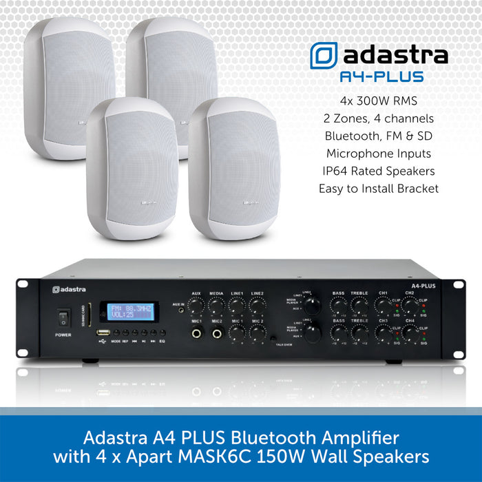 Adastra A4 PLUS Bluetooth Amplifier with 4 x Apart MASK6C 150W Wall Speakers