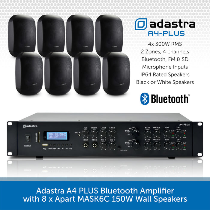 Adastra A4 PLUS Bluetooth Amplifier with 8 x Apart MASK6C 150W Wall Speakers