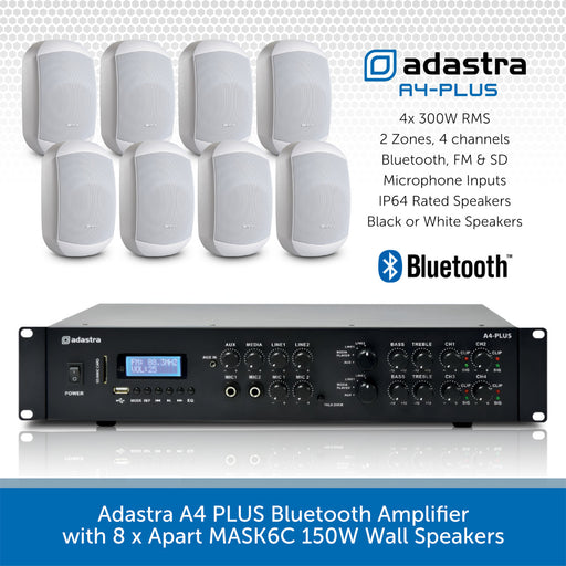 Adastra A4 PLUS Bluetooth Amplifier with 8 x Apart MASK6C 150W Wall Speakers