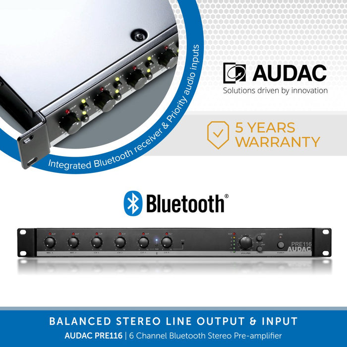 19 Inch Rackmount Mixers AUDAC PRE116 - 6 Channel Bluetooth Stereo Preamplifier | Audio Volt
