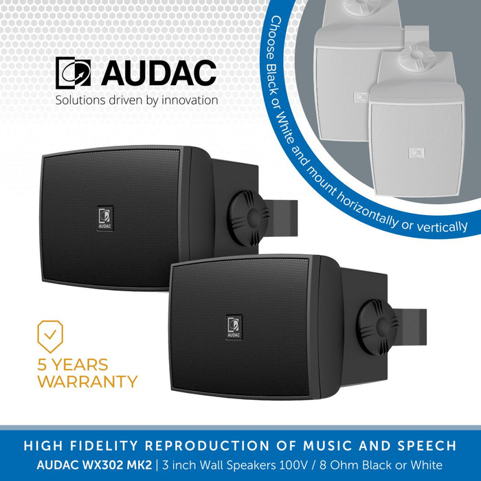 AUDAC WX302 MK2, 3 inch Wall Speakers (pair) 100V & 8 Ohm, Choose Black or White