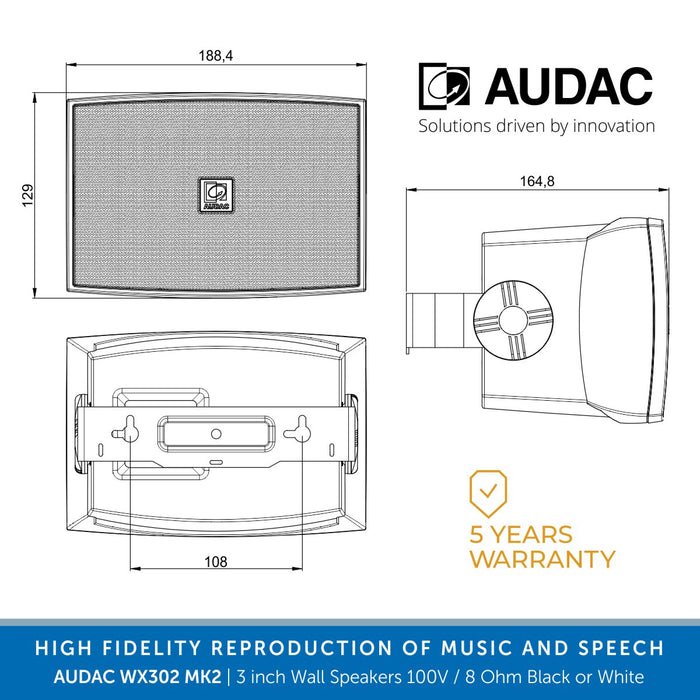AUDAC WX302 MK2, 3 inch Wall Speakers (pair) 100V & 8 Ohm, Choose Black or White