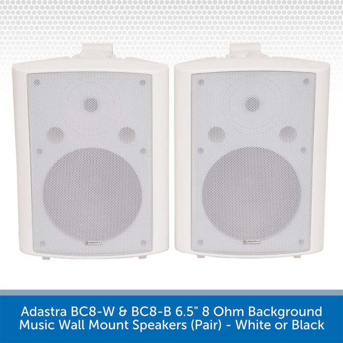 Adastra BC8-W & BC8-B 6.5" 8 Ohm Background Music Wall Mount Speakers (Pair) - White
