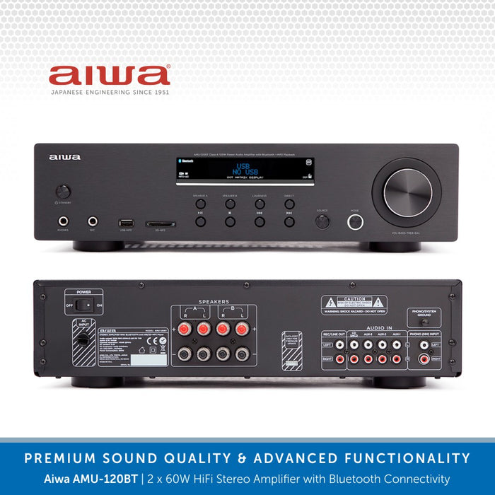 Aiwa AMU-120BT 2 x 60W HiFi Stereo Amplifier | MP3, Bluetooth, USB/SD & Remote Control