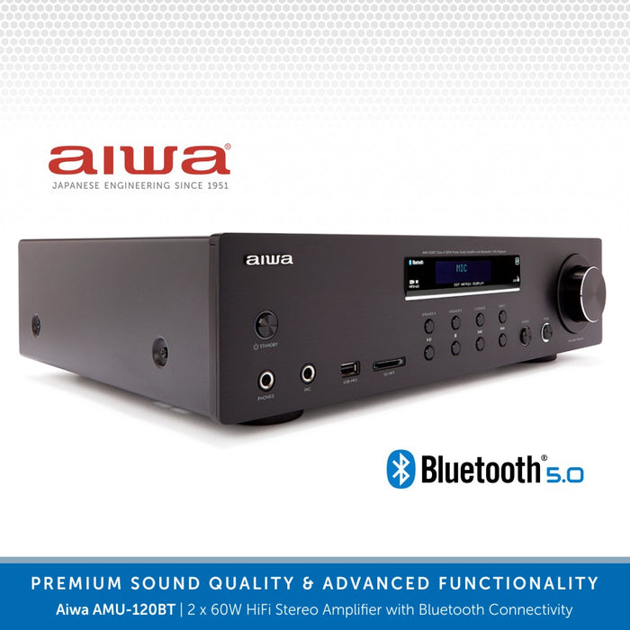 Aiwa AMU-120BT 2 x 60W HiFi Stereo Amplifier | MP3, Bluetooth, USB/SD & Remote Control