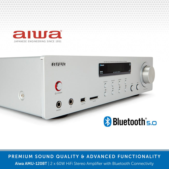 Aiwa AMU-120BT 2 x 60W HiFi Stereo Amplifier | MP3, Bluetooth, USB/SD & Remote Control