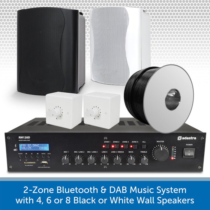 2-Zone Bluetooth & DAB Music System with 4, 6 or 8 Black or White Wall Speakers