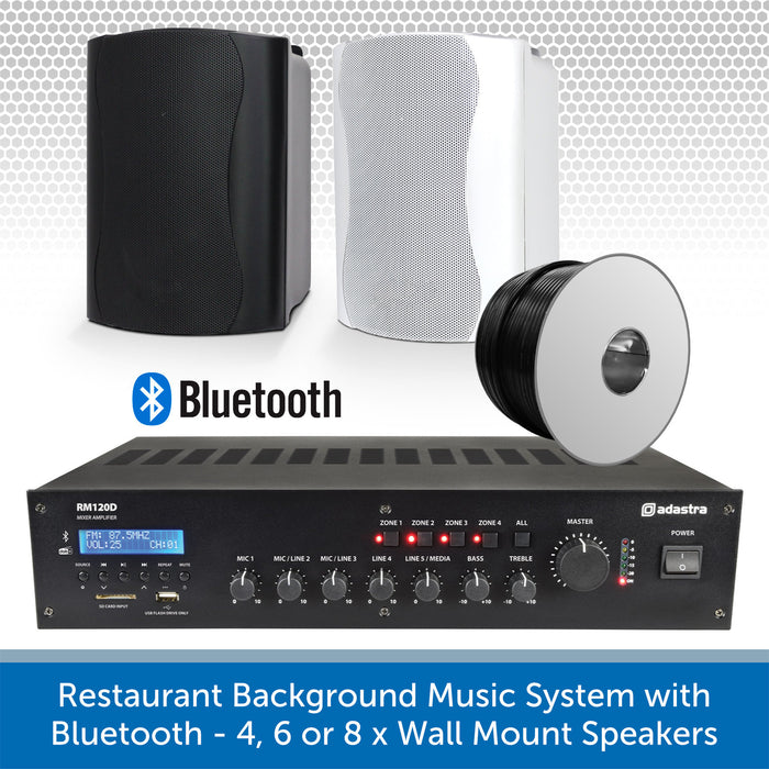 Restaurant Background Music System with Bluetooth - 4, 6 or 8 x Wall Mount Speakers