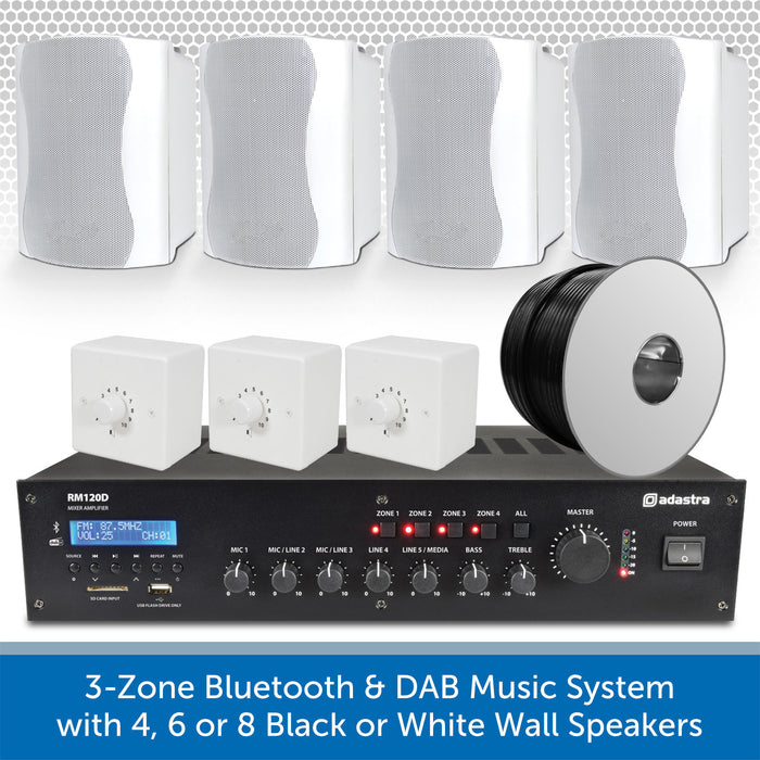 3-Zone Bluetooth & DAB Music System with 4, 6 or 8 Black or White Wall Speakers