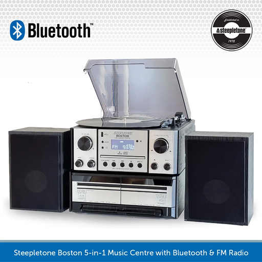 Steepletone Boston 5-in-1 Music Centre, Bluetooth Record Player, CD, Cassette, FM Radio, Aux In
