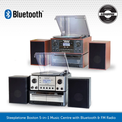 Steepletone Boston 5-in-1 Music Centre, Bluetooth Record Player, CD, Cassette, FM Radio, Aux In