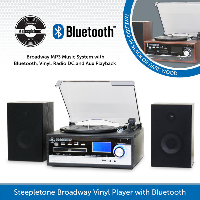 Steepletone Broadway Music System with Vinyl Record Player, Bluetooth, USB/CD & FM Radio