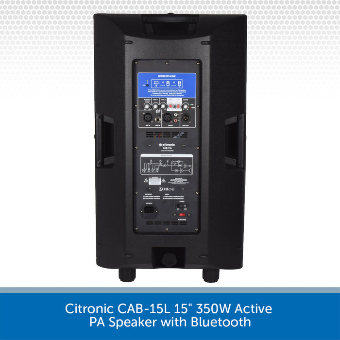 2 x Citronic CAB-15L 15" 350W Active Speakers with Bluetooth & PA Stands