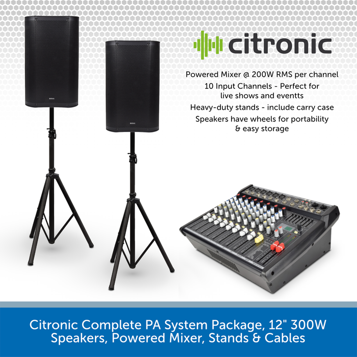 Citronic Complete PA System Package, 12" 300W Speakers, Powered Mixer, Stands & Cables