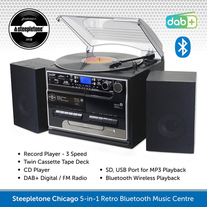 Steepletone Chicago 5-in-1 Bluetooth Music Centre, Record Player with Twin Tape Deck, CD Player & DAB Digital Radio