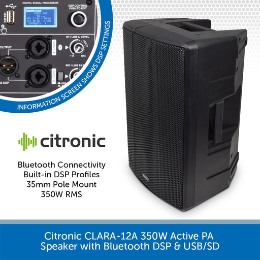 Citronic CLARA-12A 350W Active PA Speaker with Bluetooth DSP & USB/SD