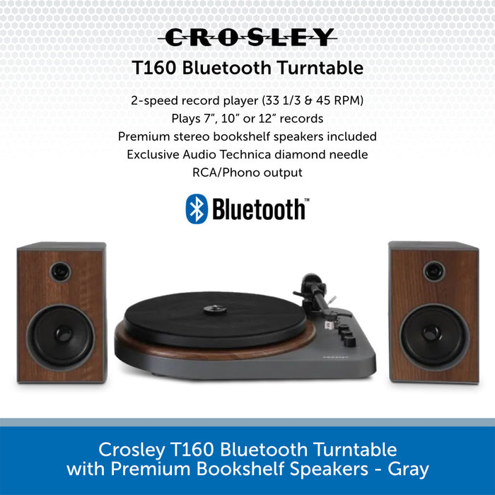 Crosley T160 Bluetooth Turntable with Premium Bookshelf Speakers - Gray