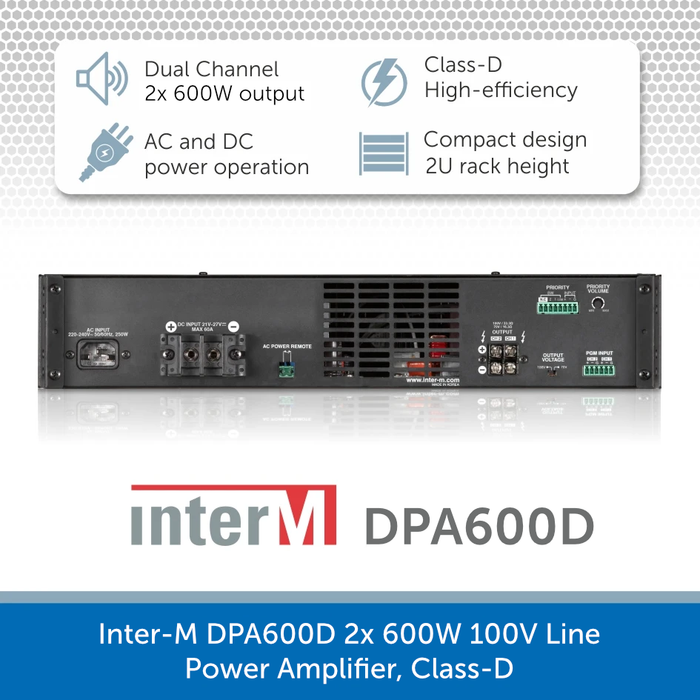 Inter-M DPA600D 2x 600W 100V Line Power Amplifier, Class-D - for professional PA, AV & background music installations