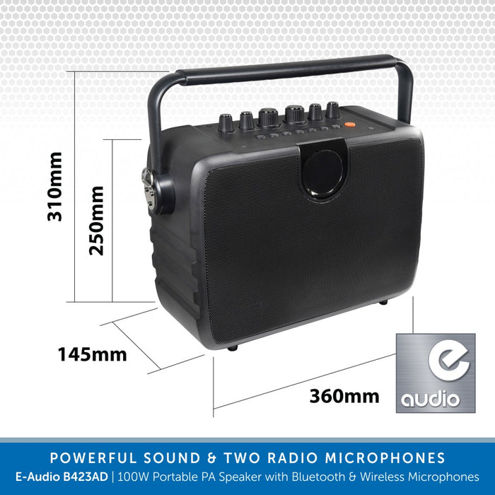 E-Audio B423AD | 100W Portable PA Speaker System with Bluetooth & Wireless Microphones