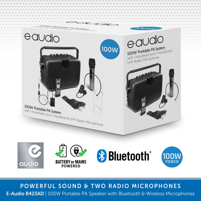 E-Audio B423AD | 100W Portable PA Speaker System with Bluetooth & Wireless Microphones