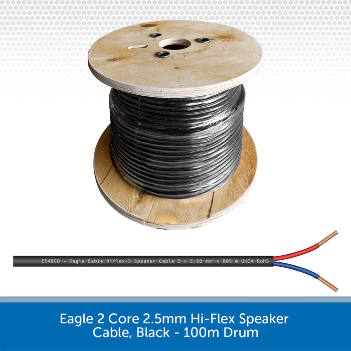 Eagle 2 Core 2.5mm Hi-Flex Speaker Cable, Black - 100m Drum