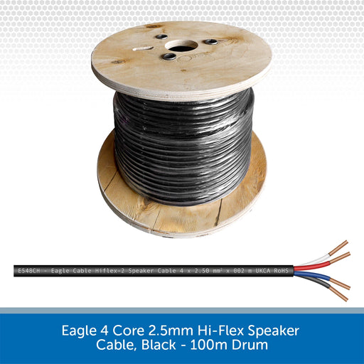 Eagle 4 Core 2.5mm Hi-Flex Speaker Cable, Black - 100m Drum