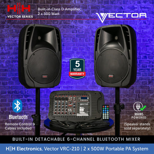 HH Electronics Vector VRC-210 2 x 500W Portable PA System 10 inch PA Speakers with Bluetooth Mixer