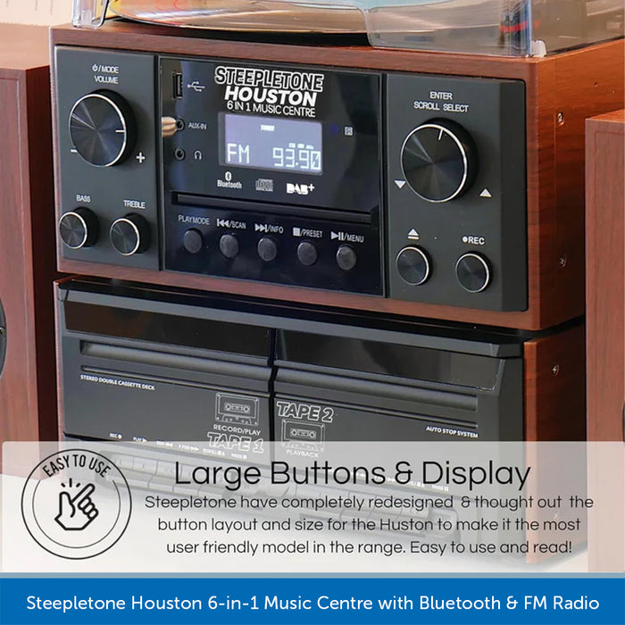 Steepletone Houston 6-in-1 Music Centre - Bluetooth, DAB, Vinyl Player, CD Cassette with Wireless Speakers