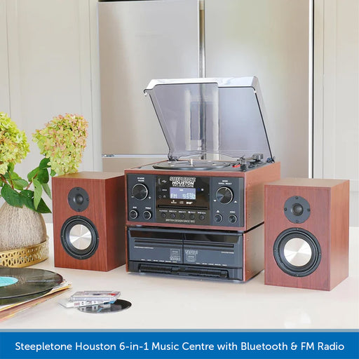 Steepletone Houston 6-in-1 Music Centre - Bluetooth, DAB, Vinyl Player, CD Cassette with Wireless Speakers