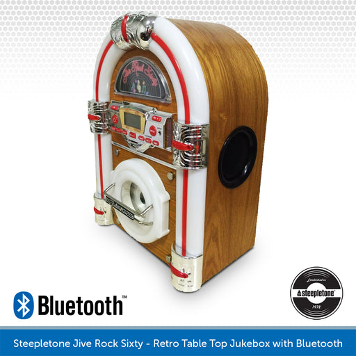 Steepletone Jive Rock Sixty - Retro Table Top Jukebox with Bluetooth, CD Player & FM Radio (Light Wood)